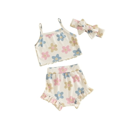

Gueuusu Baby Girls 3PCS Shorts Sets Sleeveless Cami Tops Floral Ruffle PP Shorts Headband Sets 0-24Months
