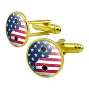 USA Patriotic Yin and Yang American Flag Round Cufflink Set Gold Color