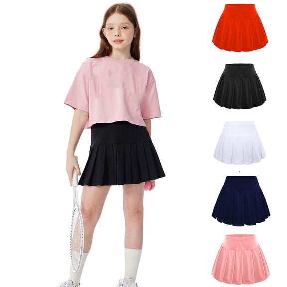 Tisuna Tennis Pleated Skirt For Girls Solid Color Trendy High Waisted A-Line Skirt Shorts Youth Sport Athletic Casual Outfits Black Size 7-8 Years