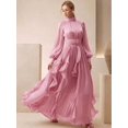 thumbnail image 3 of Womens Pink Elegant High Neck Long Sleeve Pleated Maxi Dress With Ruched, 3 of 6