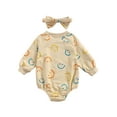 thumbnail image 3 of Kiapeise Infant Toddler Baby Girl Long Sleeve Smile Face Print Romper Bodysuit with Bow Headband Clothes, 3 of 6