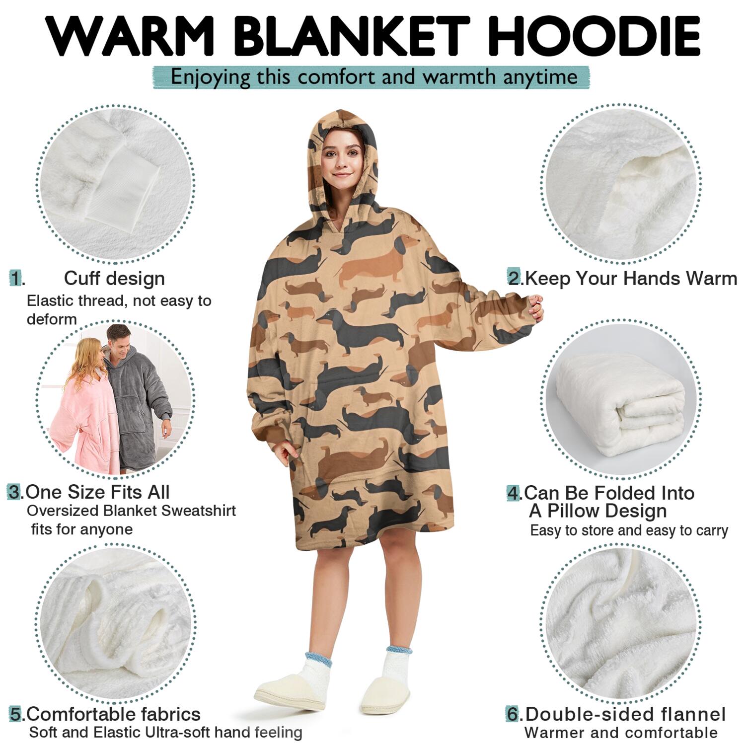 Retro Style Dachshunds Wearable Oversized Blanket,Wearable Blanket Hoodie for Adults,Cozy Hooded Blankets with Super Pockets,Super Warm Fuzzy Pullover for Women & Men