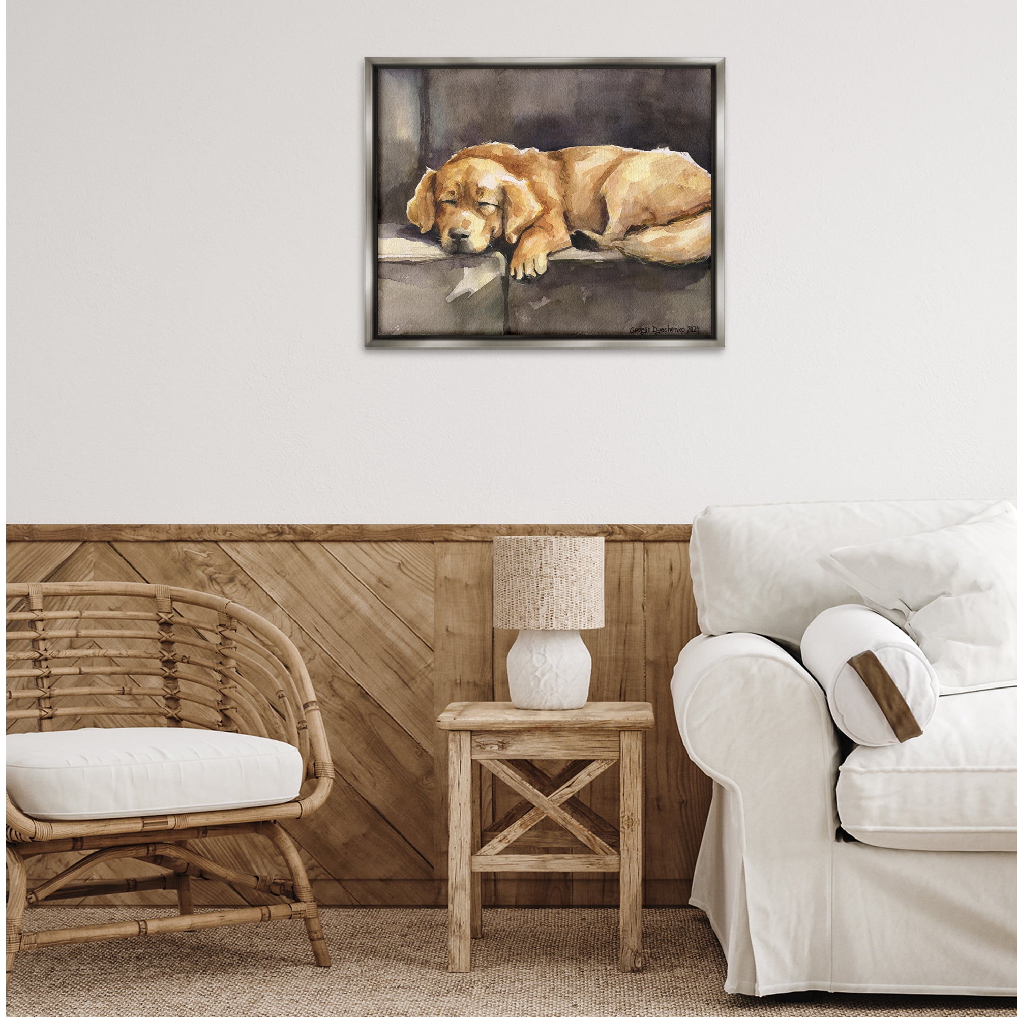 Stupell Industries Sleeping Golden Retriever Animals Painting Gray Floater Framed Canvas Art Print Wall Art, 31 x 25