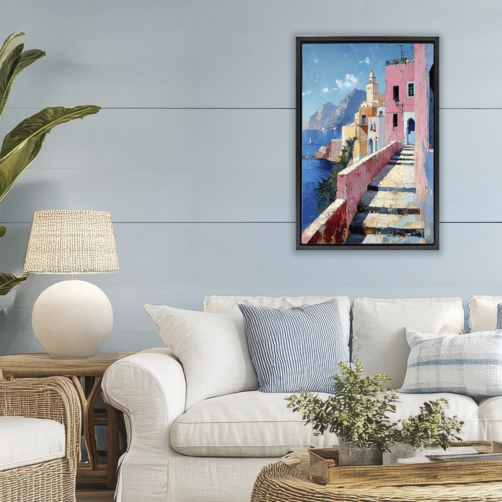Stupell Industries Coastal Village's Sunlit Pathway Black Framed Floater Canvas Wall Art, design by Creative Studio
