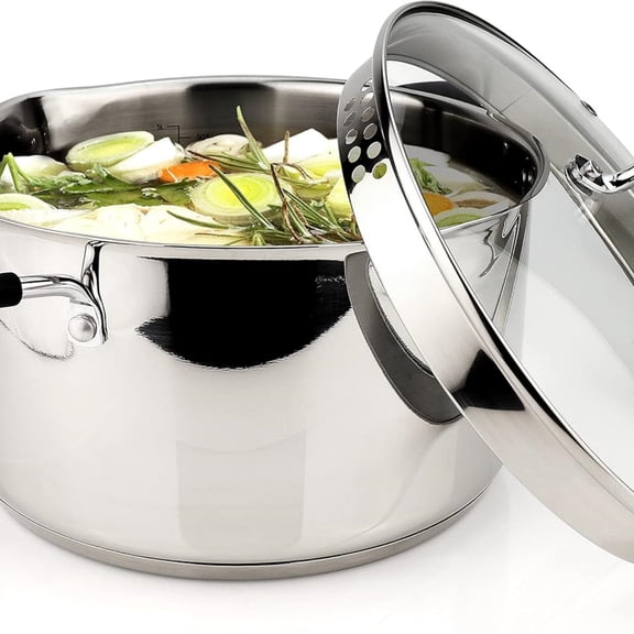Stainless Steel Stockpot with Glass Strainer Lid, 6 Quart Stock Pot, Soup & Saucepan Cookware, Side Spouts, Multipurpose, Induction Pan, (5-Ply Capsule Bottom, 6QT)