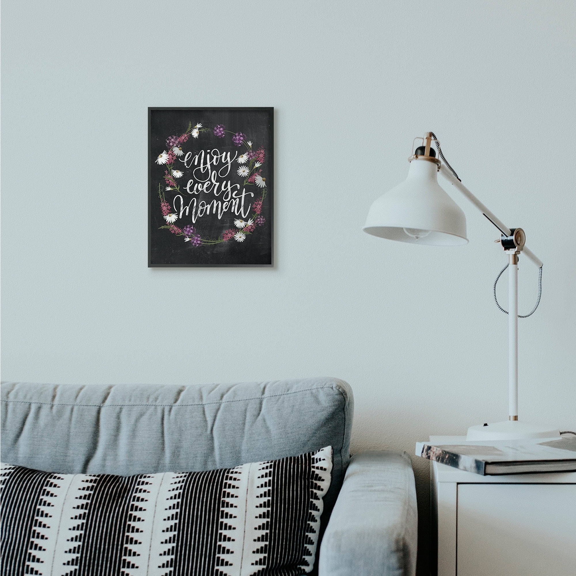 Stupell Industries Enjoy Every Moment Flower Wreath Textured Chalkboard Design Graphic Art Black Framed Art Print Wall Art, 11x14, by House Fenway