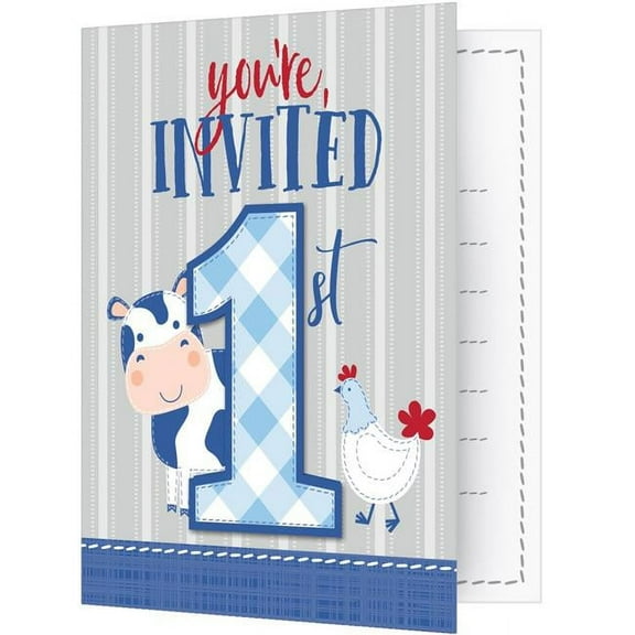 Creative Converting 340138 Farmhouse 1st Birthday Boy Invitations, 8 Count