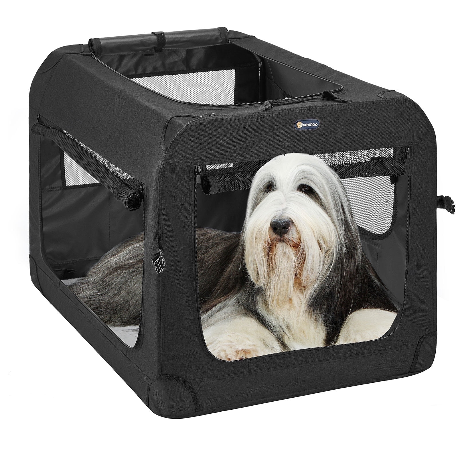 Veehoo Folding Soft Dog Crate, 3-Door Pet Kennel, 600D Cationic Oxford Fabric, 40", Black