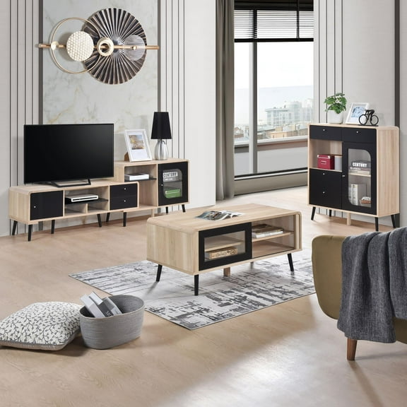 Kings Brand Furniture Nathan Modern Edge 3-Piece Living Room Set – 75" TV Stand, Coffee Table & Sideboard Cabinet (Oak/Black)