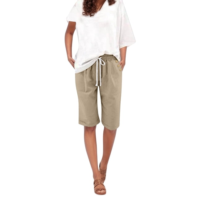 Women's Summer Solid Color Linen Drawstring High Waist Shorts Plus Size with Pockets