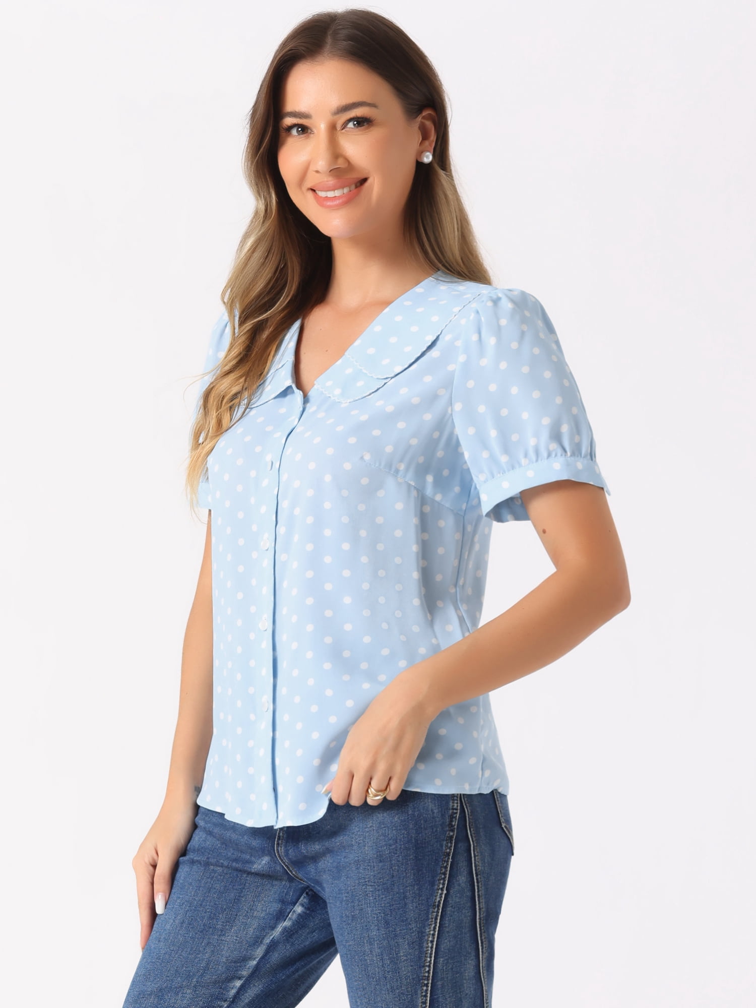 DARING DIVA Women's Polka Dots Peter Pan Collar Puff Sleeve Shirt Top L Light Blue