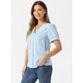 thumbnail image 2 of DARING DIVA Women's Polka Dots Peter Pan Collar Puff Sleeve Shirt M Light Blue, 2 of 6