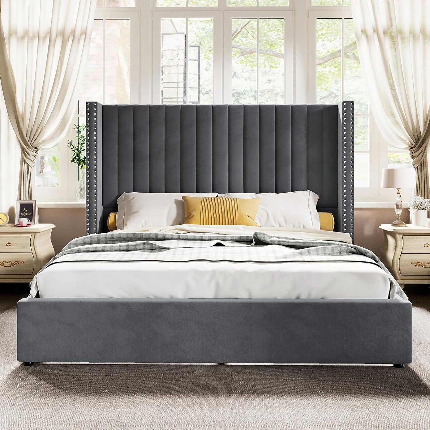 Merluxy King Bed Frame Lift Up Storage Bed, Velvet King Upholstered Bed Frame/Channel Tufted Wingback Headborad/No Box Spring Needed/Gray