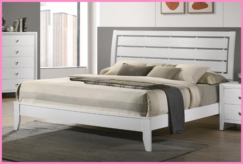 King Size Wooden Bed Frame with Softly Curved Headboard Geometric Design White Finish for Bedroom