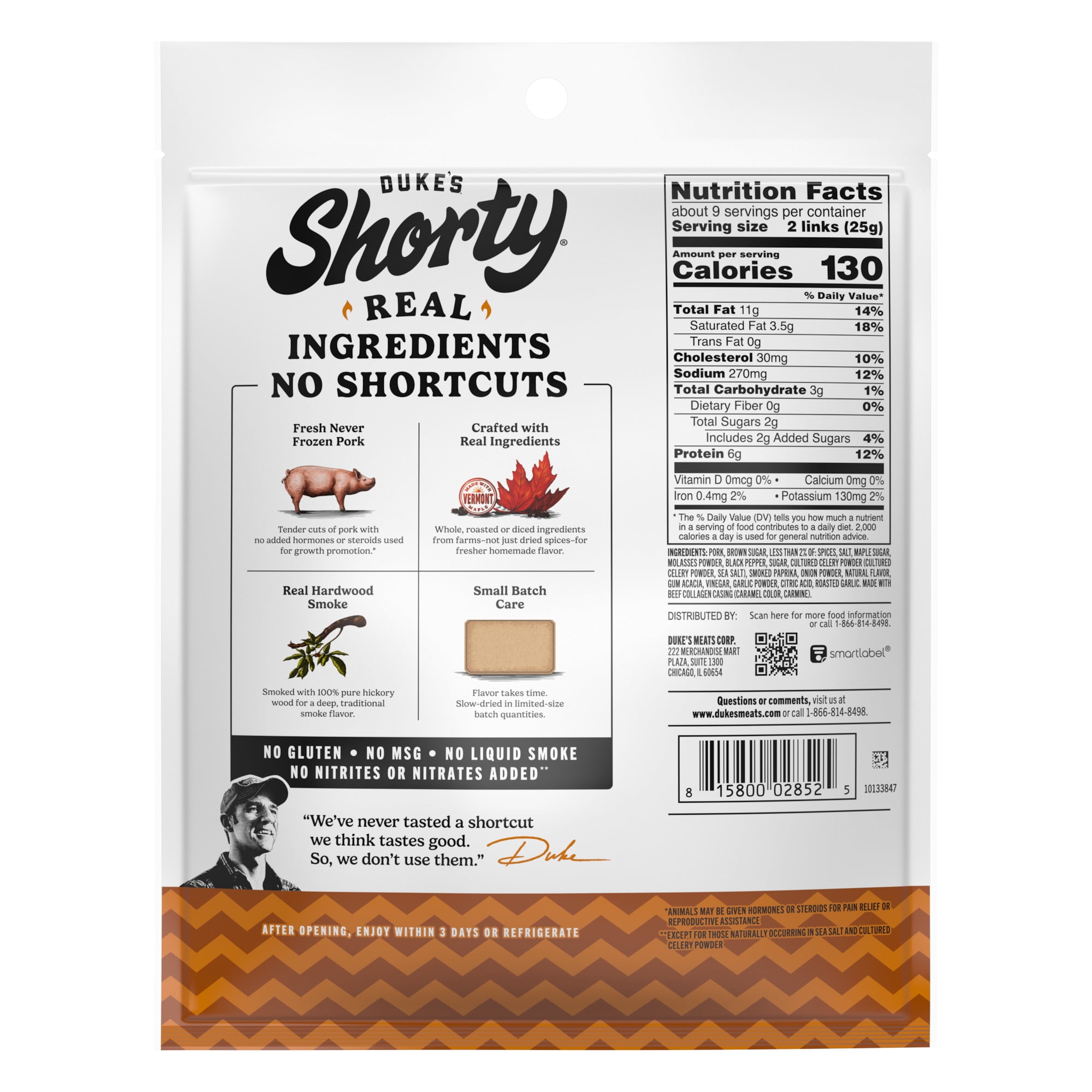 Duke’s Pork Maple Black Pepper Smoked Shorty Sausages, 6g Protein Per Serving, 7.5 oz.