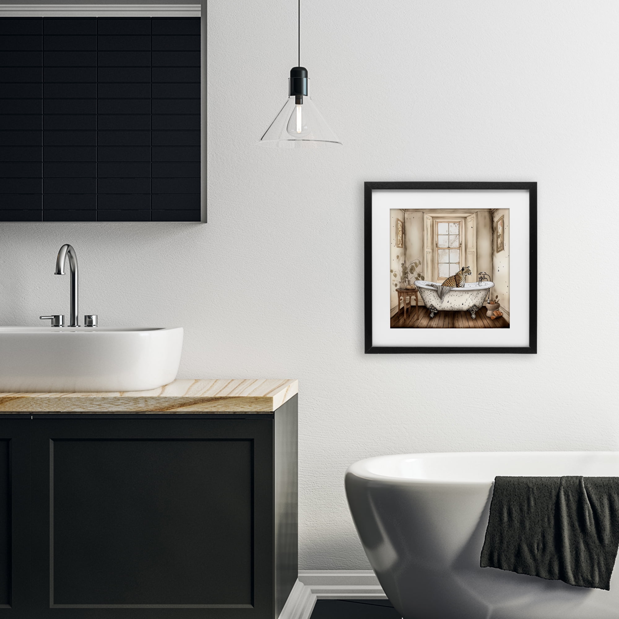 Neutral Leopard Bathtime Black Framed Print Under Glass, design by Sasha