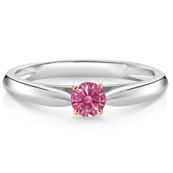 Gem Stone King 925 Silver and 10K Rose Gold Red Zirconia Solitaire Engagement Ring for Women (0.17 Cttw, Gemstone, Round 3.5MM, Size 7)