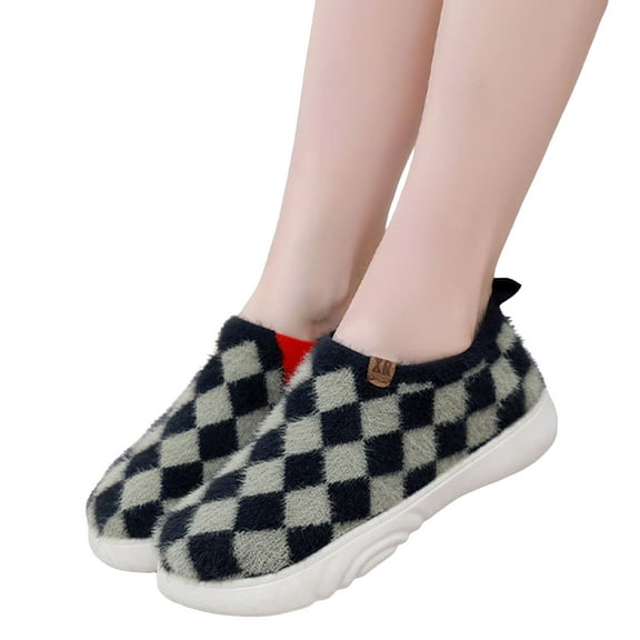 Fuzzy Ankle Boots for Women Checkered Pattern Low Top Winter Slip on Walking Shoes Soft Sole Booties