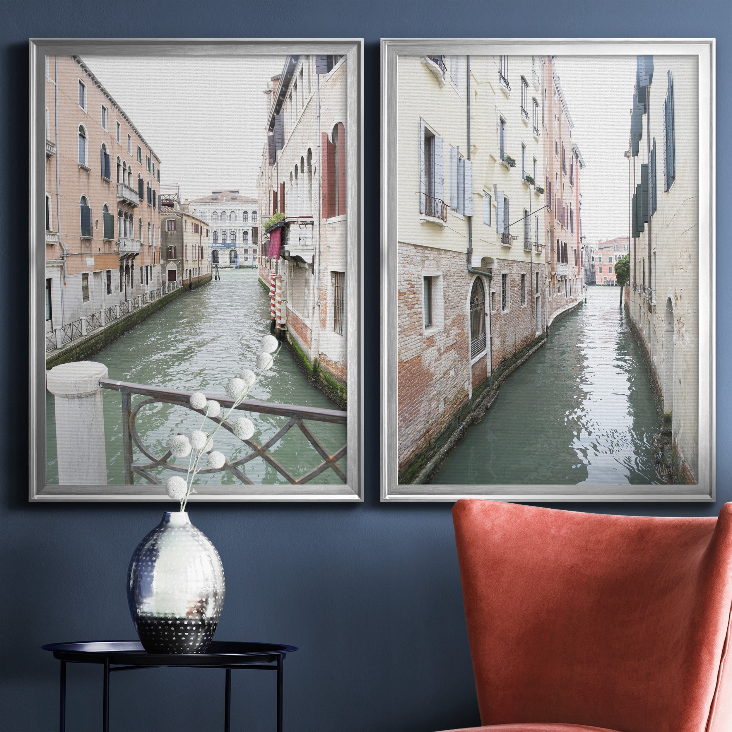 2 Piece Set Venice Canal I Premium Framed Canvas - Ready to Hang - 26.5 x 36.5 Each - Silver Frame