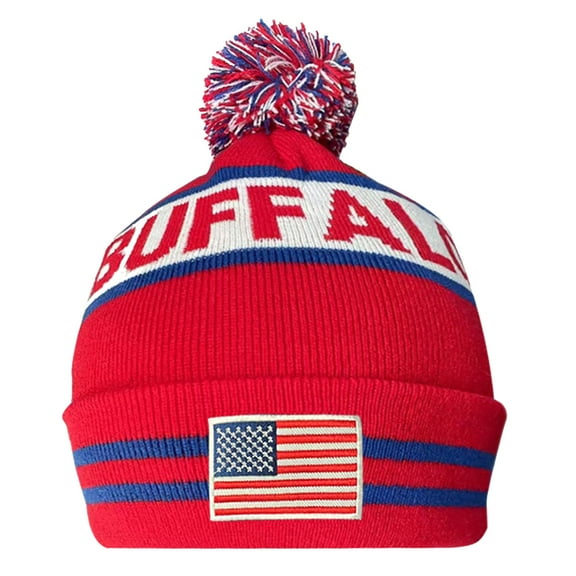 Aihccy US Flag Buffalo City Football Embroidery Classic Pom Cuff Buffalo Beanie Hat Cuffed Winter Soft Beanie Knit Pom Hat Cap Green