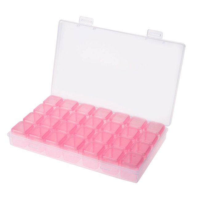 EeaseCA 28 Compartments Jewelry Box Transparent Nail Art Beads Container Empty Storage Case Holder Manicures Organizer (Pink)