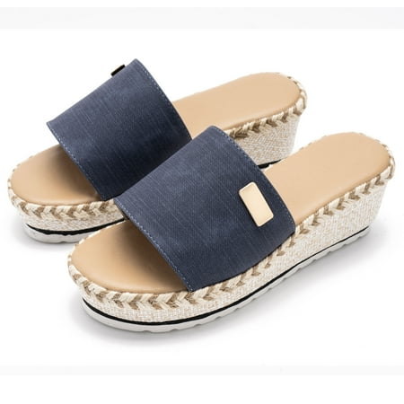 

Bellella Womens Wedge Sandals Ladies Patform Sandals Summer Espadrilles Slide Sandals Beach Slip On Casual Shoes Blue US 9