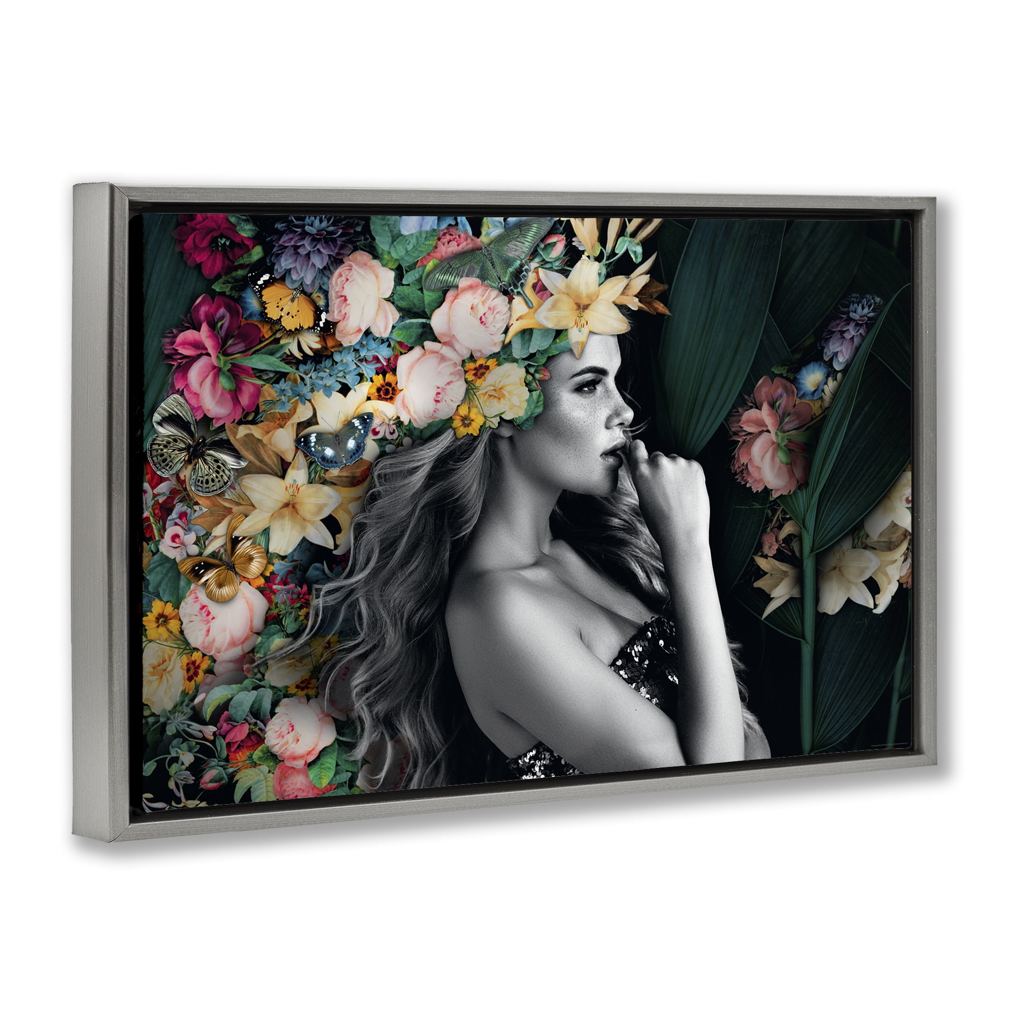 Stupell Industries Woman with Tropical Flowers Plants & Flowers Painting Gray Floater Framed Canvas Art Print Wall Art, 25 x 17