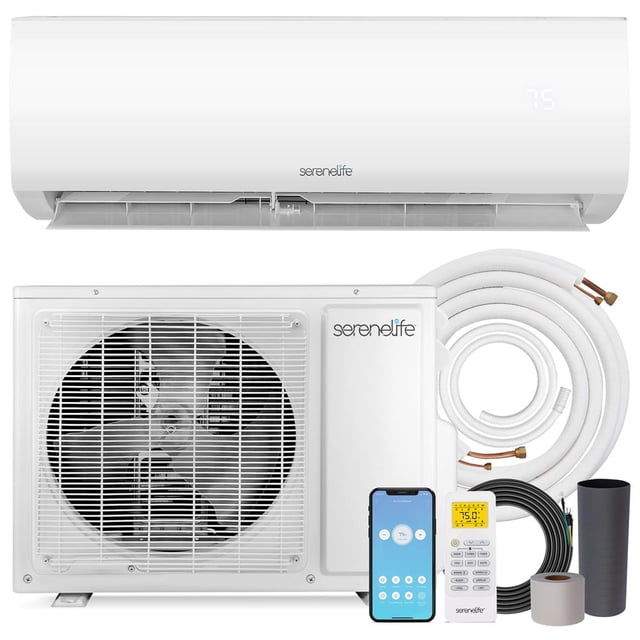 SereneLife Système de Climatisation et de Chauffage Mini-Split 12 000 BTU, Unités Murales 115 V pour Intérieur et Extérieur avec Wi-Fi, Trousse d'Installation Incluse pour la Maison, le Bureau et la Chambre, Couverture jusqu'à 550 Pi2