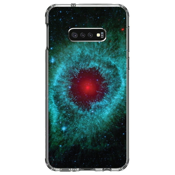 DistinctInk Clear Shockproof Hybrid Case for Samsung Galaxy S10e (5.8" Screen) - TPU Bumper, Acrylic Back, Tempered Glass Screen Protector - Blue Teal Black Helix Nebula - Astronomy