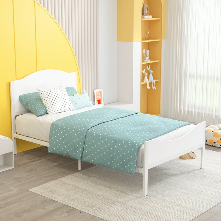 Timy Metal Kids Twin Platform Bed Frame with Wood Headboard Footboard for Boys Girls Adults Teens White