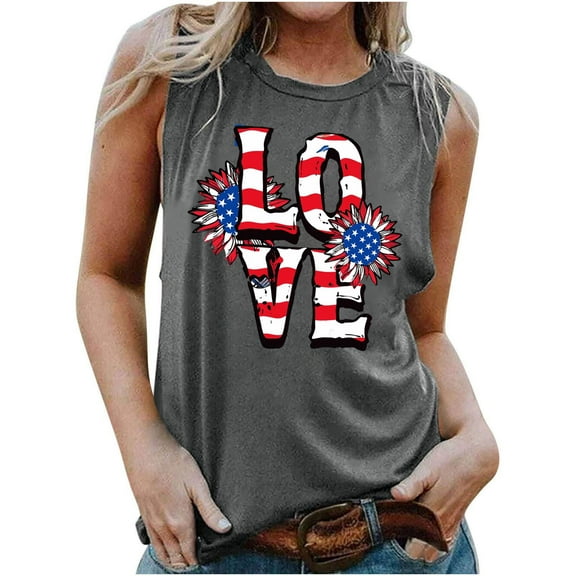 Qetyuw Womens Independence Day Tank Tops Casual Patriotic Red White and Blue Print Tshirts Cute Sleeveless T-shirts Cami Workout Crewneck Tanks Work Tops for Women