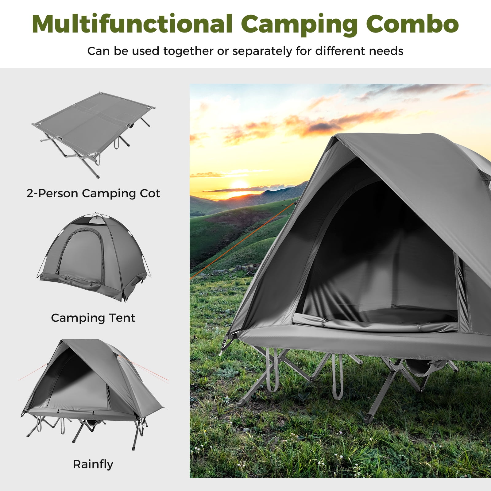 Gymax 2-Person Camping Cot Combo Off-Ground Travel Cot Tent w/Pop-up Tent Shelter
