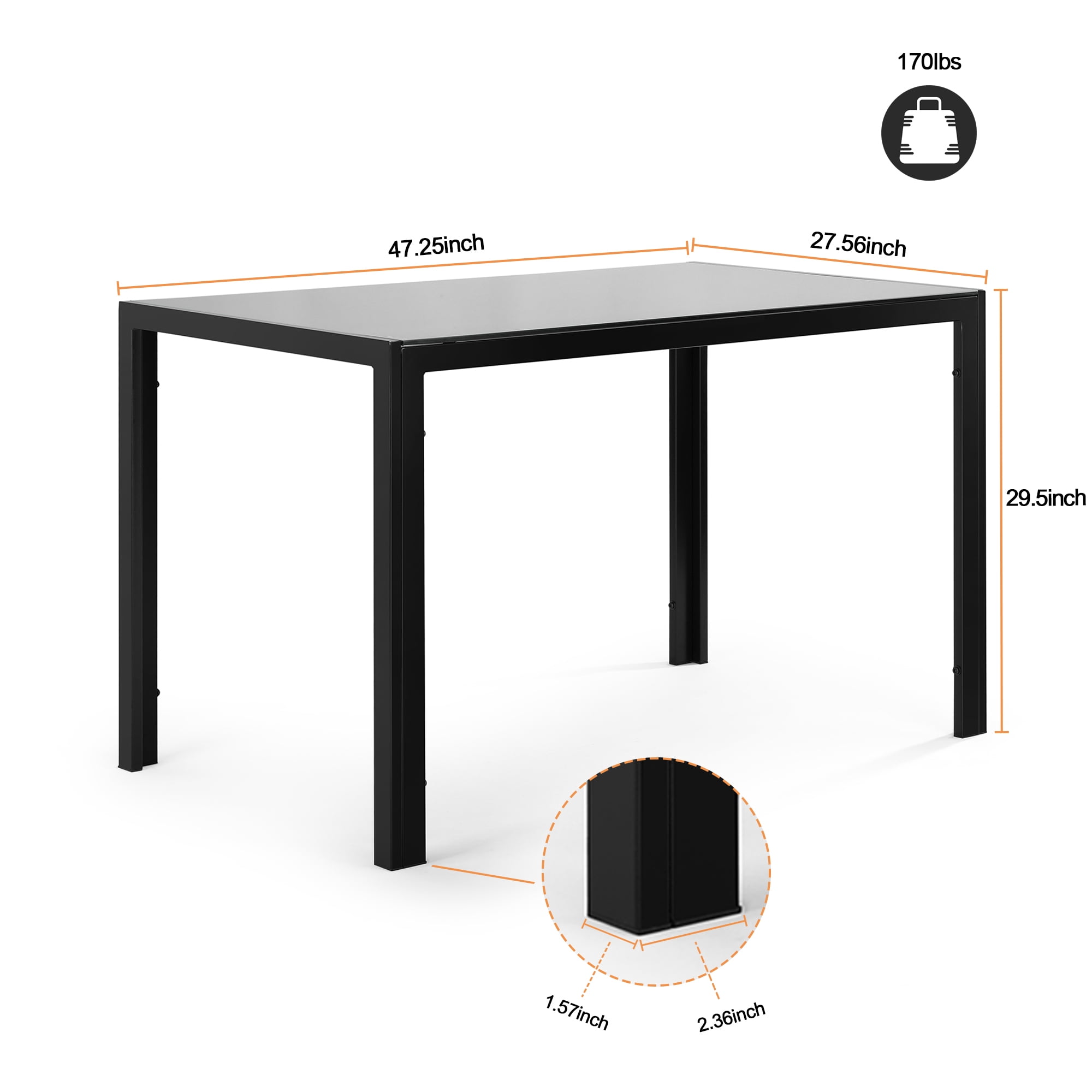 Euroco 47.24" Glass Dining Table for 4,Rectangular Kitchen Glass Table with Metal Legs for Kitchen Living Room