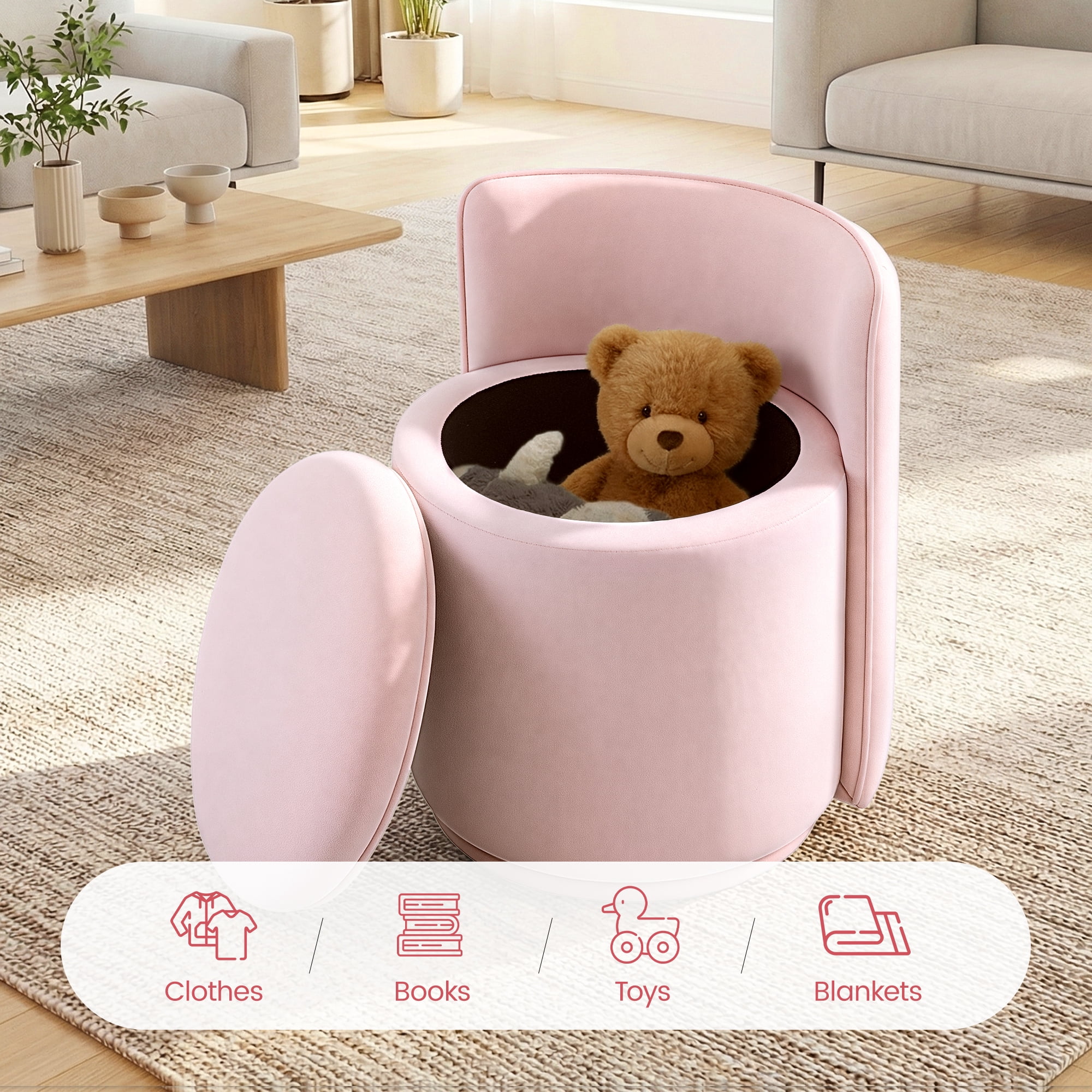 COOLHUT Vanity Chair, Upholstered Vanity Stool with Storage, Velvet Swivel Accent Chair, No Assembly Small Accent Stool, Makeup Chair for Bedroom, Living Room and Dressing Area, Pink