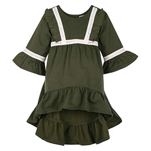 ContiKids Girls Ruffle Bell Sleeve Dress Toddler Hi Low Cotton Long Sleeve Dress with Waist Band 5 Green