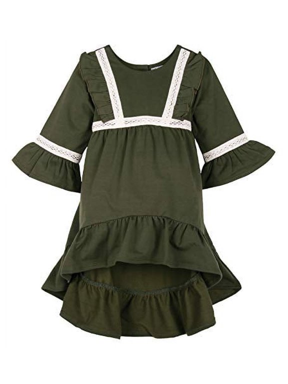 Girls Ruffle Bell Sleeve Dress Toddler Hi Low Cotton Long Sleeve Dress with Waist Band 5 Green