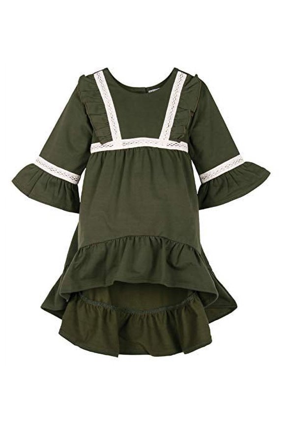 Girls Ruffle Bell Sleeve Dress Toddler Hi Low Cotton Long Sleeve Dress with Waist Band 5 Green