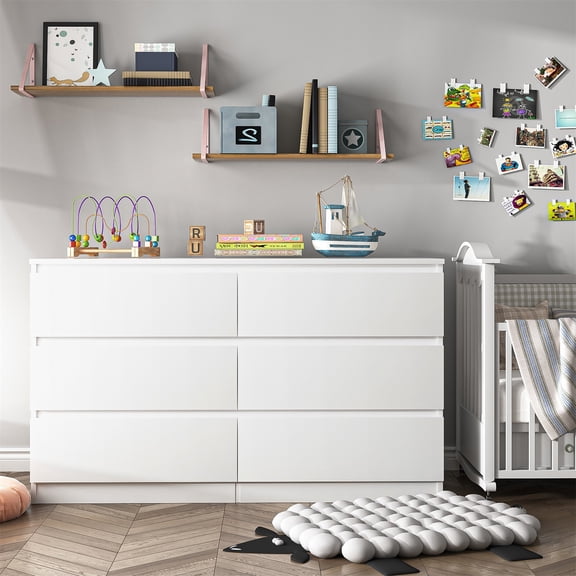 Hommoo 6 Drawer Dresser, Wood Modern Storage Cabinet Dresser Organizer, Chest of Drawers for Living Room, Closet, Hallway, Nursery, White