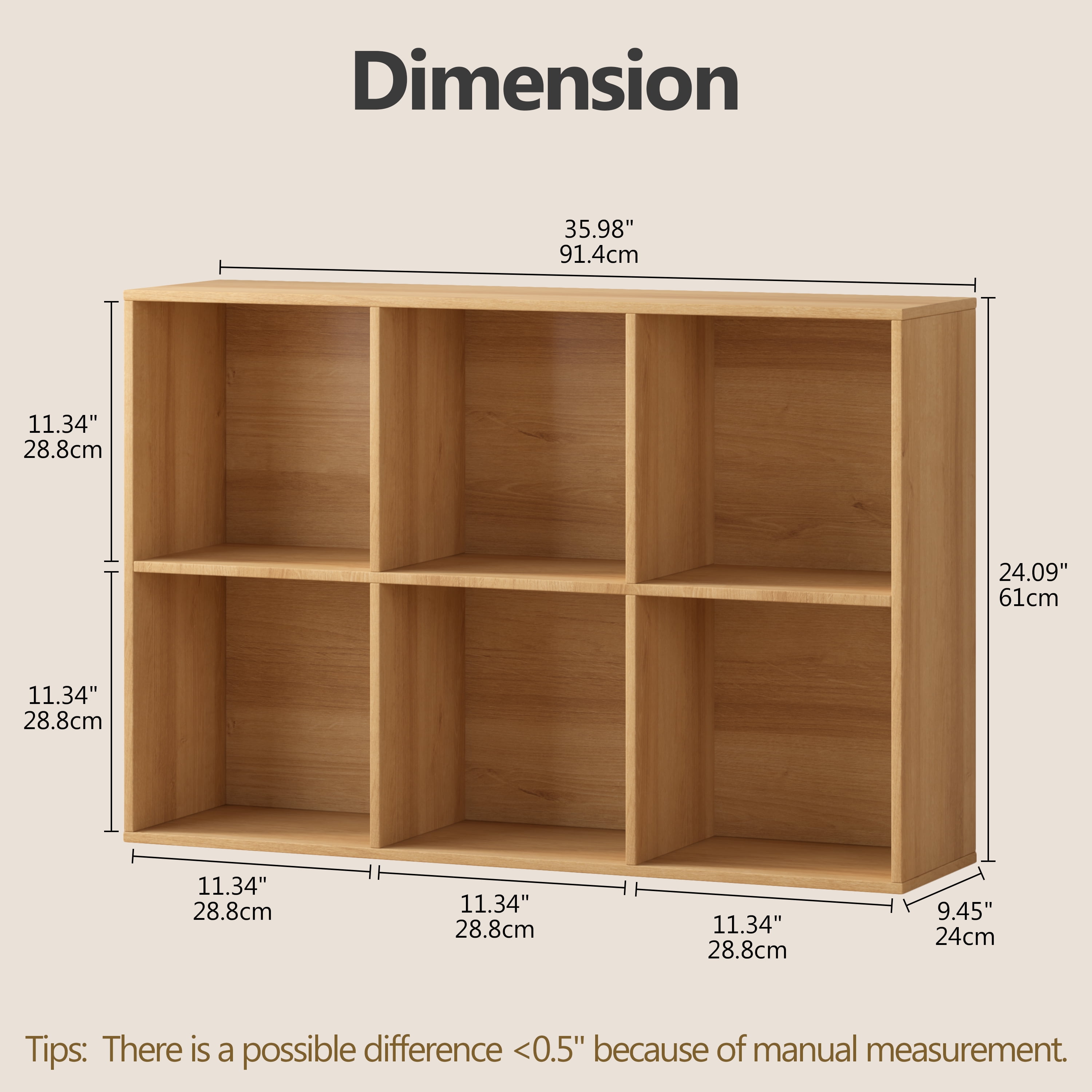 Jpiziso 6 Cube Storage Organizer 35.98" x 9.45" x 24.09" Bookcases with Closed Back for Home Office, Living Room, Bed Room Natural Oak