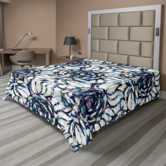 Ambesonne Abstract Floral Flat Bedding Sheet Soft Top Sheet, Blooming Fun Blooms, California King, Indigo and Multicolor