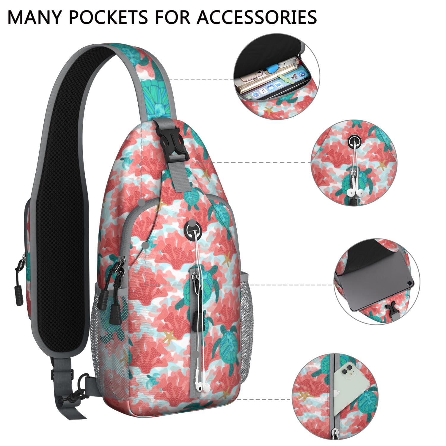 Crossbody Sling Backpack for Women Men Sea Turtles Coral Shoulder Sling Crossbody Casual Chest Bag for Travel Sports Running Hiking