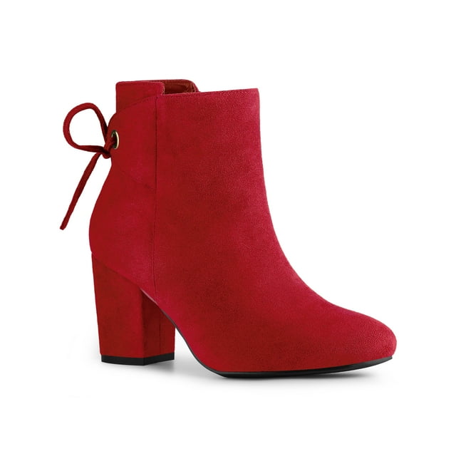 Unique Bargains Women's Round Toe Chunky Heels Ankle Booties Red (Size 6)
