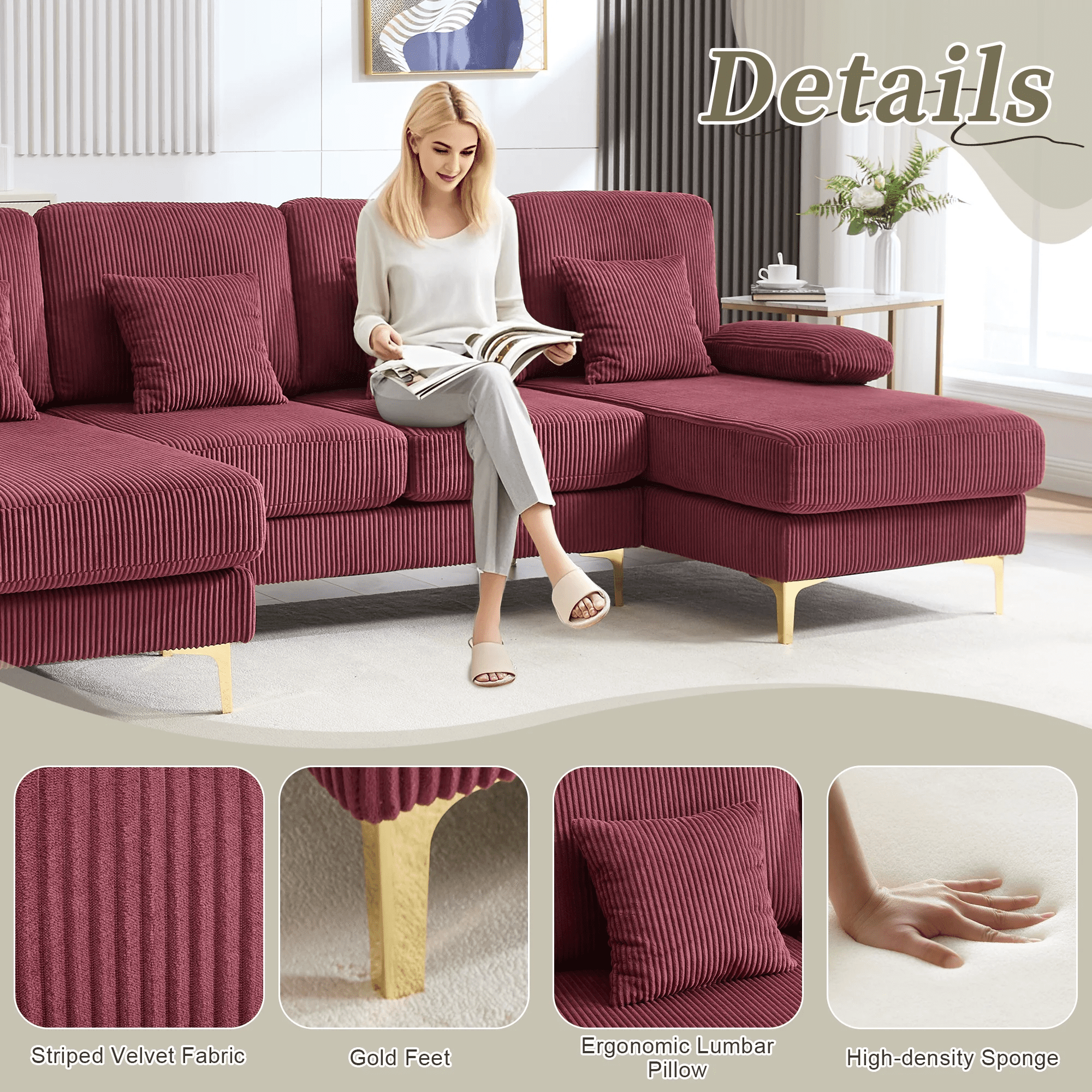 MOONMISS Modular U-Shape Sectional with Double Chaise Lounge,Velvet Fabric Sofa with USB & Intelligent Lighting for Apartment,Home Theater