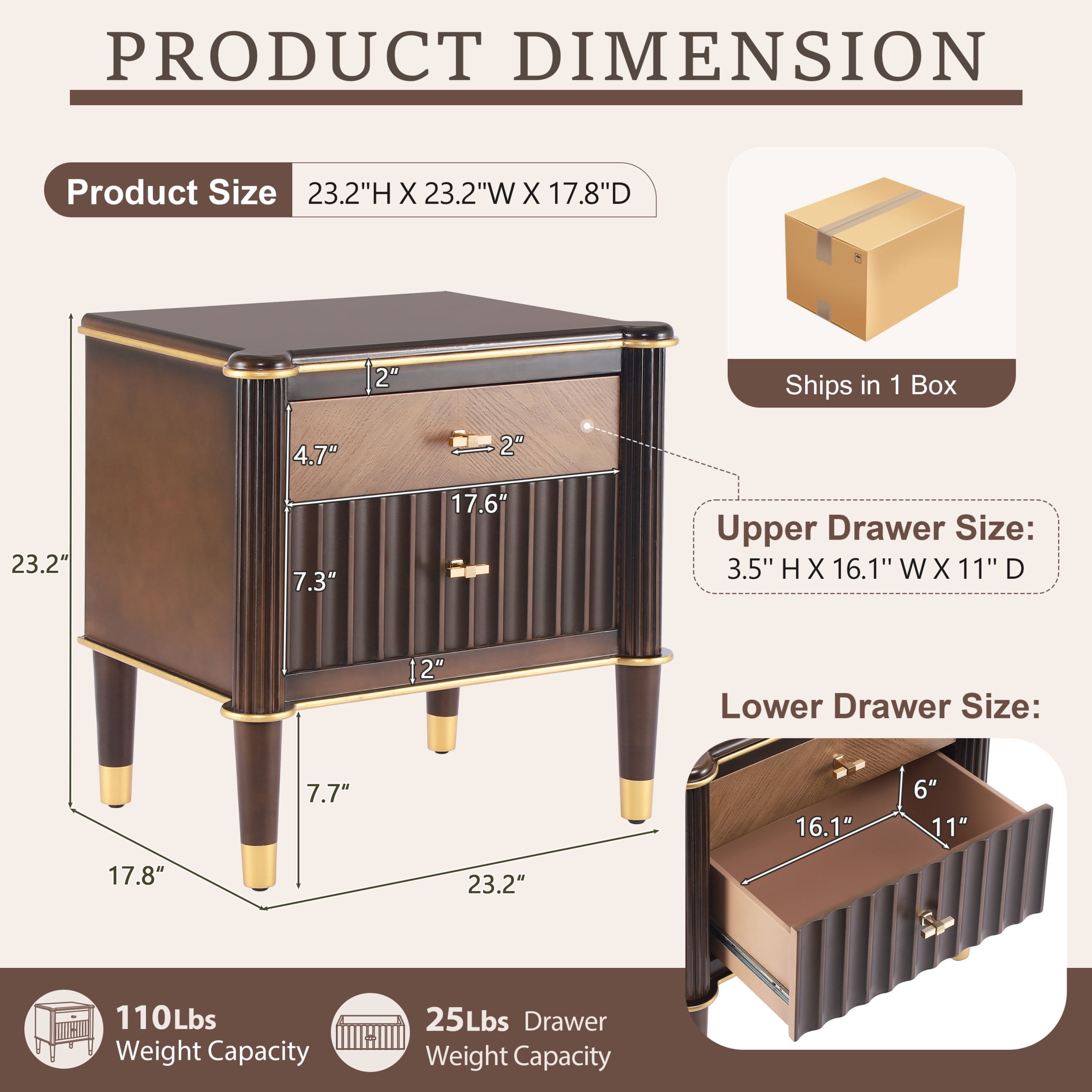 Christopher Knight Home 23.2” Fluted Nightstand with 2 Drawers, Bedside Table with Solid Wood Legs, Walnut