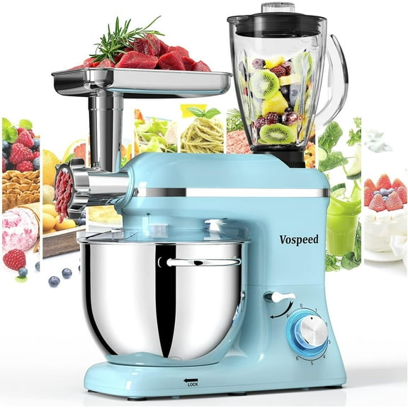 Stand Mixer 9 IN 1, 850W Tilt-Head Multifunctional Electric Mixer with 8 QT Stainless Steel Bowl, 1.5L Glass Jar, Meat Grinder, Hook, Whisk, Beater Dishwasher Safe (Blue)