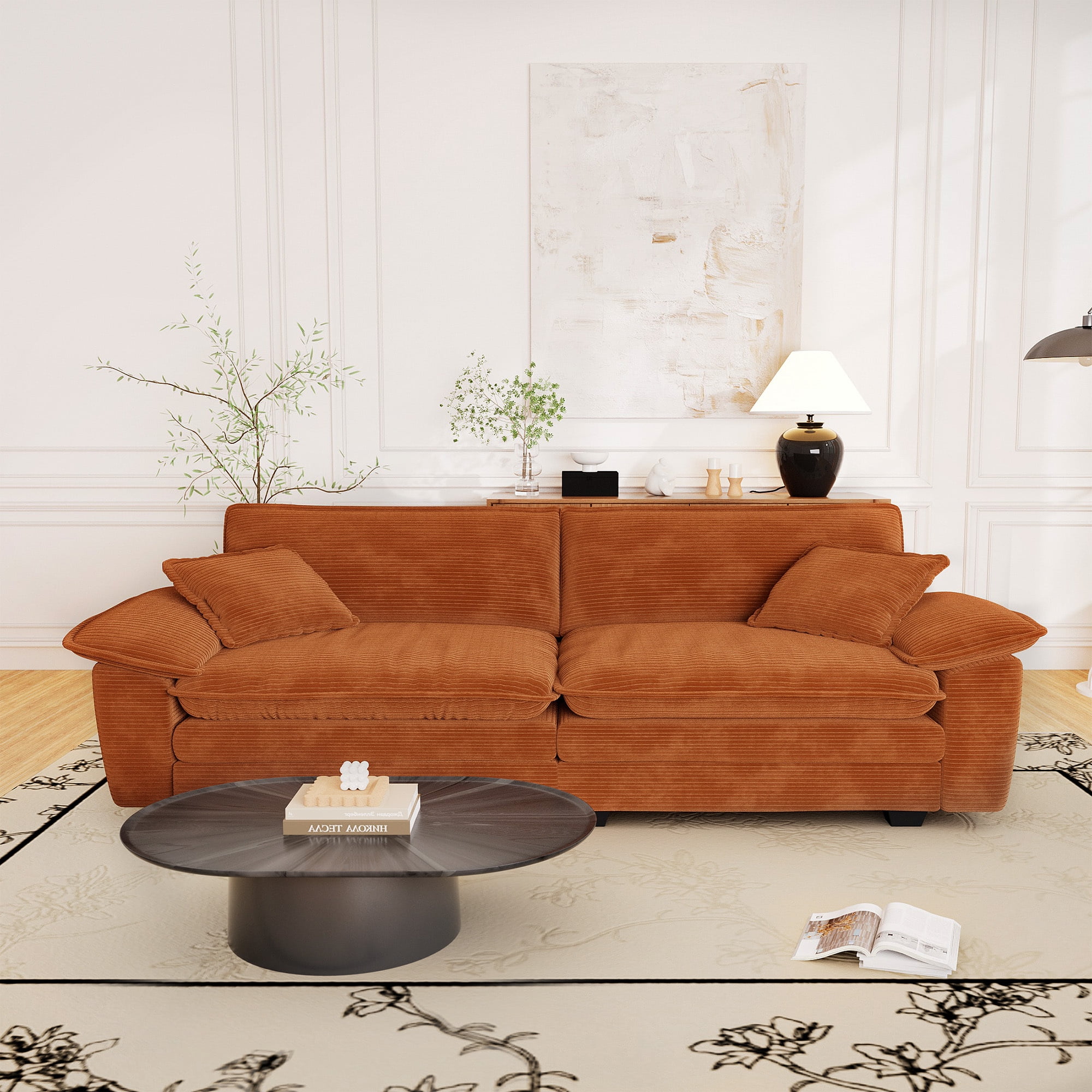 Muumblus 80.5" Corduroy Loveseat Sofa, Oversized Upholstered 2-Seater Fluffy Cloud Sleeper Couch for Living Room/Apt, Orange