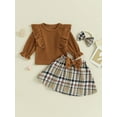 thumbnail image 2 of Bagilaanoe 3Pcs Baby Girls Fall Clothes Long Sleeve Ruffle Ribbed Tops + Plaid Skirt + Headband 6M 12M 18M 24M 3T 4T Kids Casual Skirt Set, 2 of 9