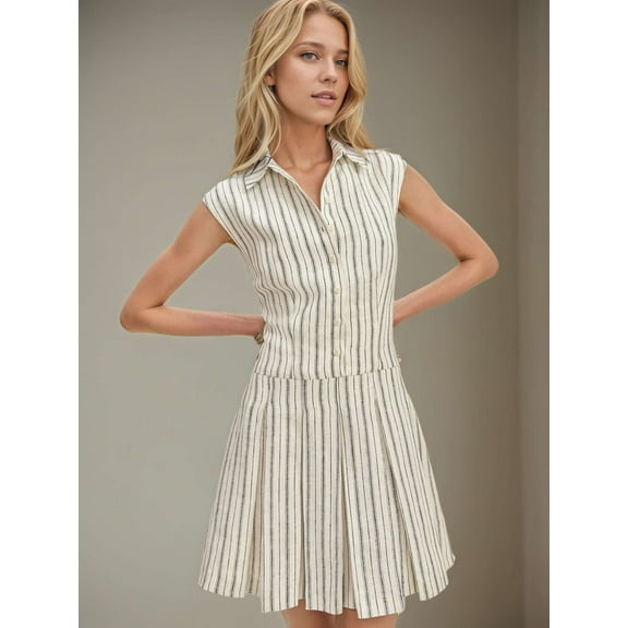 Classic Striped Sleeveless Shirt Dress (S, LightBeige)