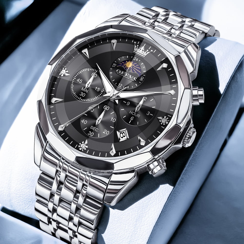 OLEVS Watches For Men Business Dress Luxury Casual Chronograph Multifunction Analog Quartz Stainless Steel Waterproof Luminous Moon Phase Date Men Wrist Watches Reloj Para Hombre Black Dial