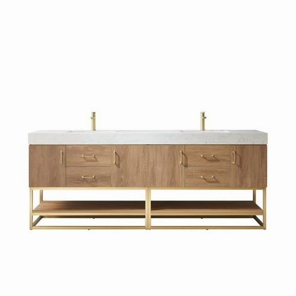 84 in. Alistair Double Sink Bathroom Vanity, North American Oak with White Grain Stone Countertop